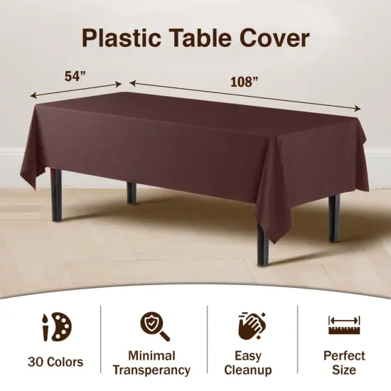 Exquisite 12-Pack Premium Plastic Tablecloth 54in. x 108in. Rectangle Plastic Table Cover Brown {6}