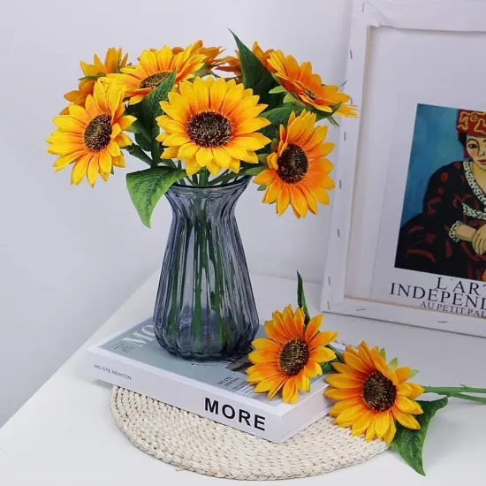 10pcs Summer Artificial Sunflowers with Stems &ndash; Bright Yellow Faux Silk Flowers Floral Arrangements {3}