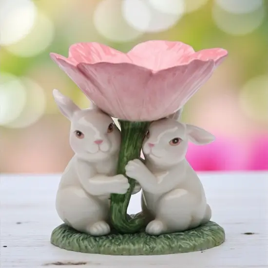 Ceramic Easter Bunny Rabbits with Pink Flower Candle Holder, Gift for Her, Gift for Mom, Kitchen D&eacute;cor, Spring D&eacute;cor, Easter D&eacute;cor {1}