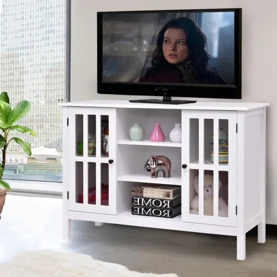 White 43-inch TV Stand with Glass Doors and Storage Shelves {4}