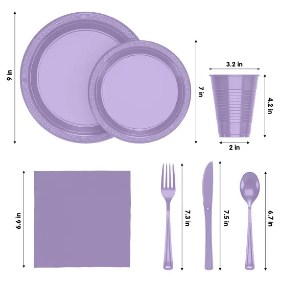 Exquisite 350 Pcs Plastic Plates for Party &ndash; Disposable Plates Set &ndash; 50 Each of 9" Dinner Plates, 7" Dessert Plates, Plastic Cups, Napkins & Plastic Cutlery &ndash; Plastic Dinnerware by Party Solids Lavender {2}