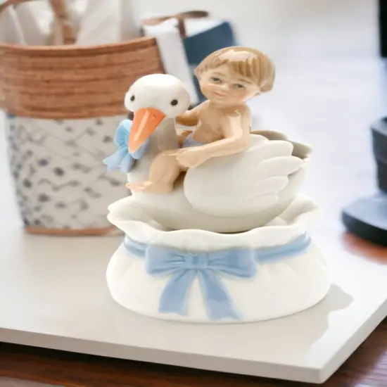 Ceramic Baby Boy With Stork Music Box, Nursery Room Decor, Baby Shower Gift, Gift for New Mom, Gift for Expecting Mother {1}