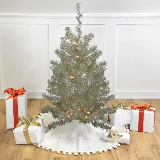 Northlight 3' Metallic Platinum Artificial Tinsel Christmas Tree - Clear Lights Silver {1}