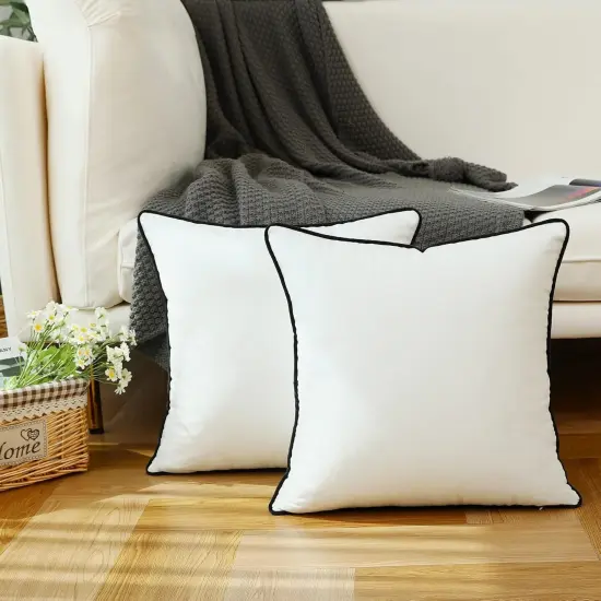 Set of 2 White Velvet Throw Pillow Covers Modern Minimalist Style Solid Decorative Black Rope Edging Soft Square Cushion Cases for Sofa Bedroom Party D&eacute;cor, 18 x 18 inch {2}