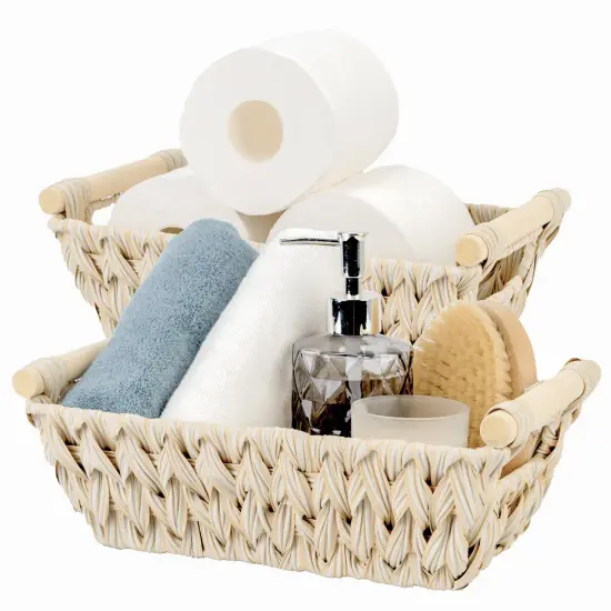 2-Pack Wicker Storage Baskets, Storage Baskets for Shelves, Trapezoid Wicker Baskets with Handles, Waterproof Woven Basket, Storage Baskets for Shelves, Butter Milk {2}