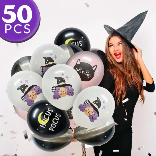 50Pcs Halloween Balloons Set - Pink Black Cute Witch Cat Hocus Pocus (Witch Cat Latex) {2}