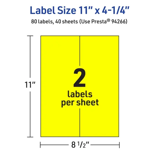 Avery Neon Yellow Paper Labels, 11" x 4.25" Rectangle {5}