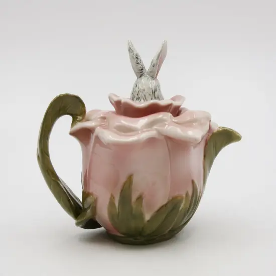 Ceramic Bunny Rabbit on a Rose Teapot, Gift for Her, Gift for Mom, Tea Party D&eacute;cor, Caf&eacute; D&eacute;cor, Spring Kitchen Decor {3}