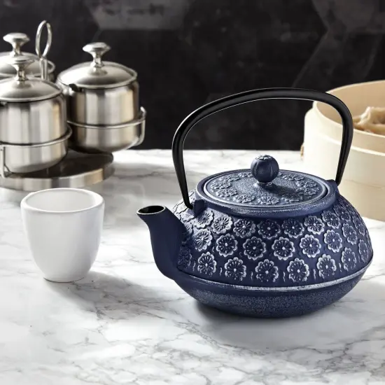 Japanese Cast Iron Teapot with Infuser for Loose Leaf and Tea Bags, Kettle Includes Handle and Removable Lid (Blue, 34oz) {5}