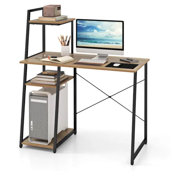 Costway Computer Desk with Shelves Study Writing Desk Workstation with Bookshelf Natural\Brown {8}