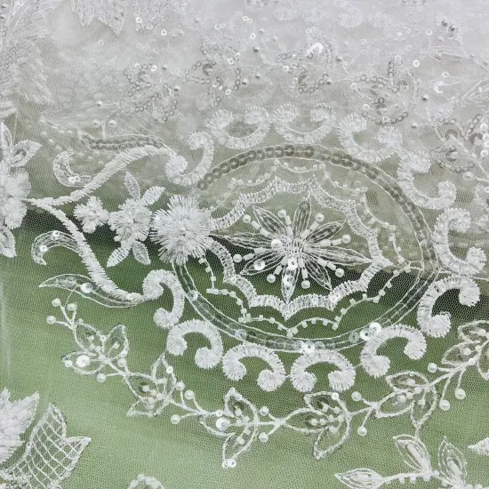 1 Yard Beaded Lace Fabric Embroidered on 100% Polyester Net Mesh, 51" Wide, Premium Lace Fabric for Dresses & Crafts Antique Silver {5}