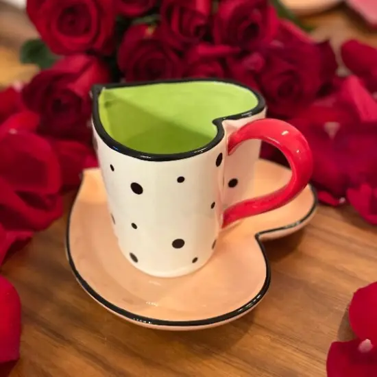 Ceramic Dotted Heart Shaped Cup & Saucer, Gift for Her, Gift for Mom, Gift for Friend or Coworker, Tea Party D&eacute;cor, Caf&eacute; Decor {3}