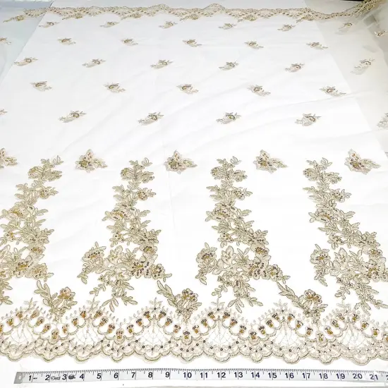 1 Yard Elegant Beaded and Corded Bridal Lace Fabric Embroidered on 100% Polyester Net Mesh 52 inch Width Silver {3}