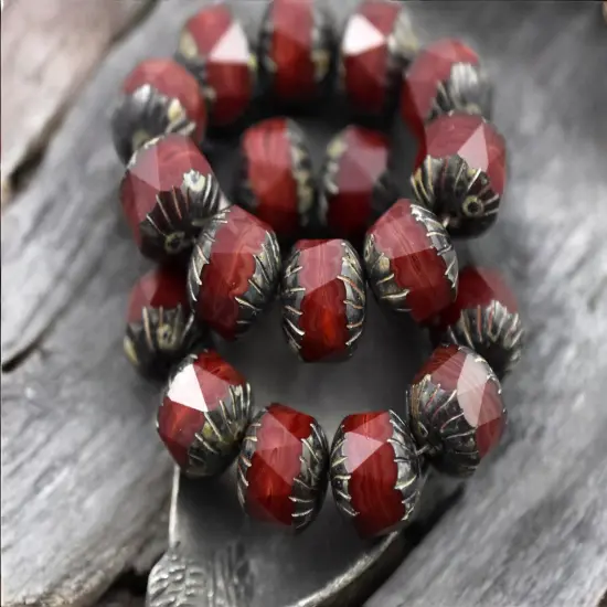 *10* 10mm Red Opaline Picasso Center Cut Cruller Beads {1}