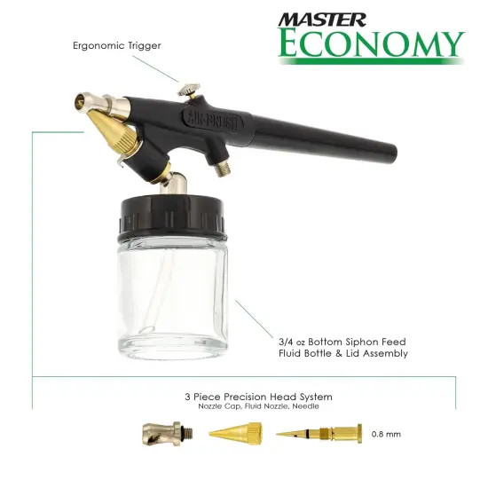Master Economy E91 Single-Action External Mix Siphon Feed Airbrush Set with 0.8 mm Tip & 1/8 in. Air Inlet (Includes 6 ft. Braided Air Hose) {2}