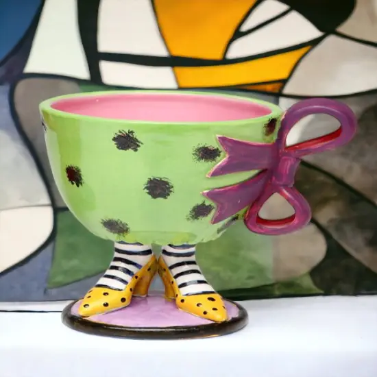 Ceramic Green Cup with Purple Bow on Yellow Heels, Home D&eacute;cor, Gift for Her, Mom, Friend, or Coworker, Kitchen D&eacute;cor, Office Decor {2}