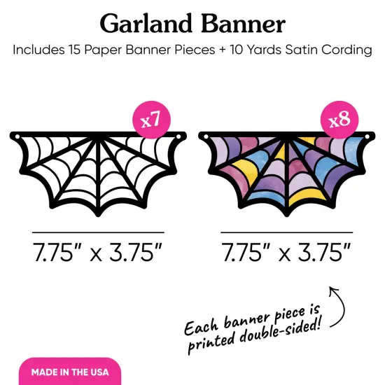 Big Dot of Happiness Goth Girl Garland Banner, Halloween or Birthday Decor Backdrop, 15 Feet of Cord, 15 Paper Spider Web Stained Glass Window Shapes {6}