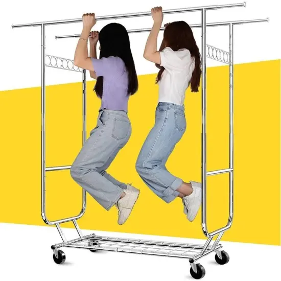 Silver Metal Double Bar Garment Rack with Wheels and Adjustable Height {3}