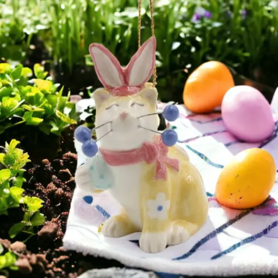 Ceramic Whiskered Cat with Easter Bunny Ears Ornament, Gift for Her, Mom, Kitchen D&eacute;cor, Spring D&eacute;cor, Easter D&eacute;cor, Cat Lover Gift {1}