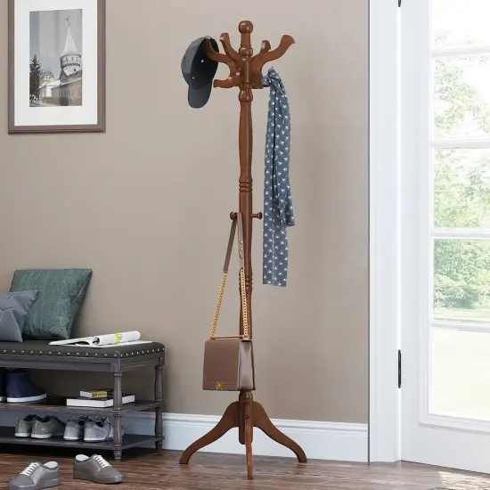 Walnut Eucalyptus Wood Coat Rack with 11 Hooks and Stable Tri-Leg Base {3}