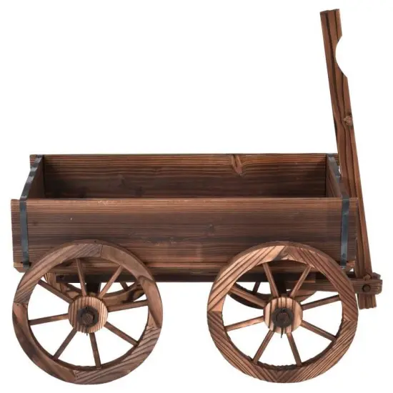 Brown Fir Wood Garden Barrel Planter Wagon with Wheels and Handle {3}