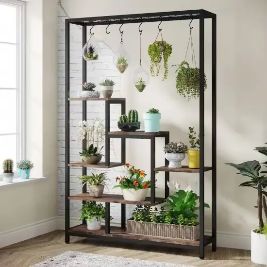 Brown Particle Board and Metal 5-Tier Indoor Ladder Plant Stand {1}