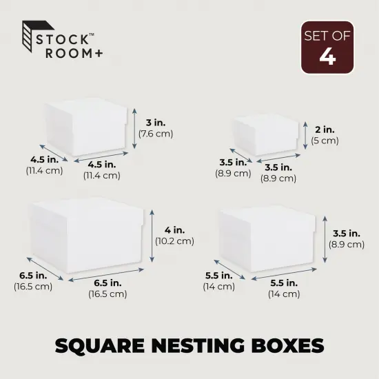 Stockroom Plus Set of 4 Sizes Square Nesting Gift Boxes with Lids for Presents, Stacking Decorative Goodie Box for Holidays, Wedding, Birthday, and Party Favors (White) {3}