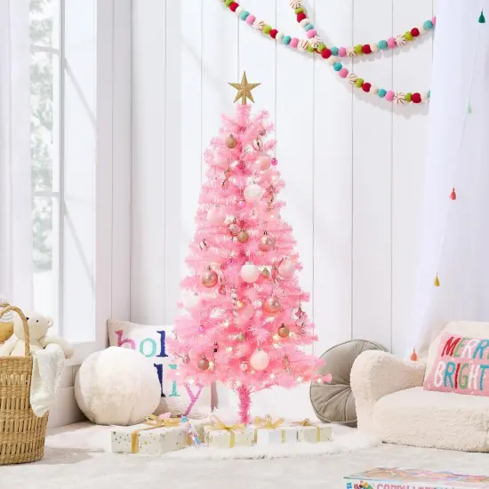 4ft Pre Lit Christmas Tree Mini Artificial Tree with Twinkling LED Lights for Bedroom or Apartment Pink {2}