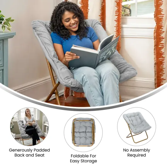 Emma and Oliver Aisling Oversized Folding Saucer Chair for Dorm, Bedroom GrayFabric/SoftGold {3}