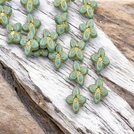 *10* 17mm Bronze Washed Matte Light Turquoise 4 Petal Lily Flower Beads {2}