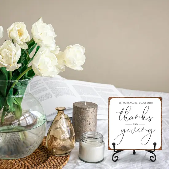 Let Our Lives Be Full Of Both Thanks And Giving Plaque Wooden Sign Table Decor {3}