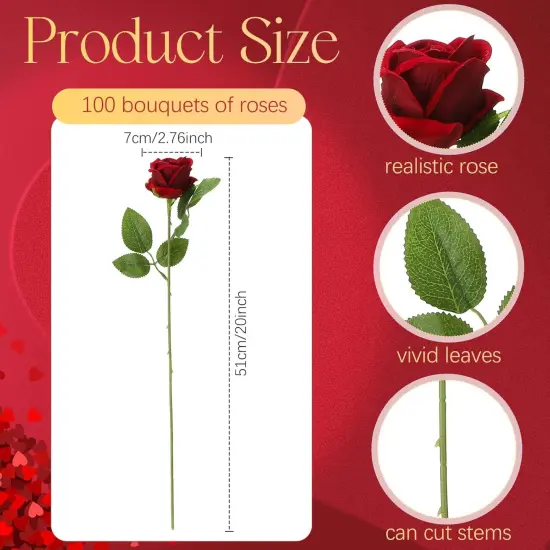 100 Pieces Artificial Roses Flowers Bouquet(Wine Red) {2}