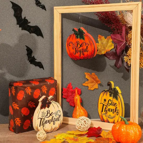 3 Pieces Thanksgiving Fall Pumpkin Wood Sign Tabletop Decor {2}