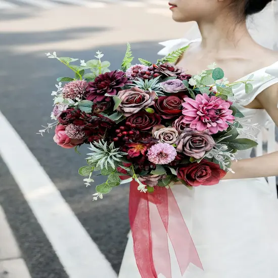 25pcs Silk Fake Flowers Roses for DIY Wedding Bouquets Burgundy Centerpieces {2}