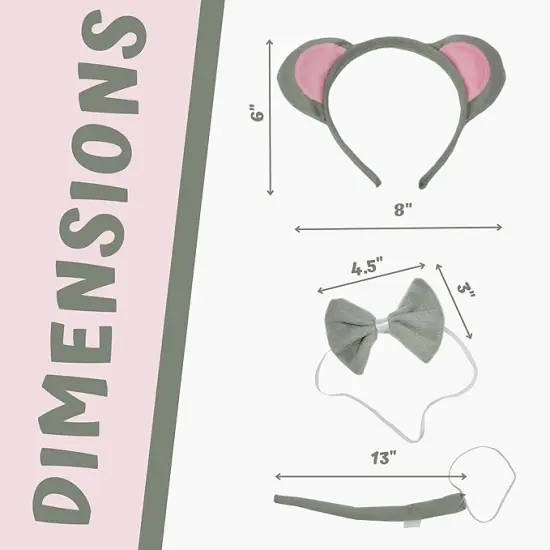 4E's Novelty Mouse Costume Set 3 Pcs for Kids & Adults - Mouse Ears Headband, Bowtie & Tail Cosplay Kit - Halloween, Party, Dress Up Accessories for Girls, Boys, Men, Women, Pets {3}