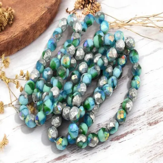 *20* 8mm Etched Silver AB Washed Blended Pacific Blue Turquoise Fire Polished Round Beads {1}