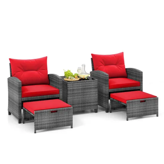 Costway 5 Piece Patio Rattan Furniture with 2 Ottomans & Tempered Glass Coffee Table Black/Grey/Navy/Beige/Red {11}