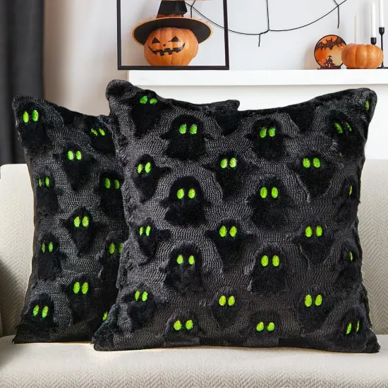 Halloween Pillow Covers 18x18 &ndash; Set of 2 Ghost Faux Fur Cushion Cases for Sofa, Chair & Bedroom Decor {2}