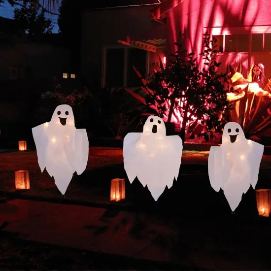 3 Pack Lighted White Cloth Ghost Stakes {4}