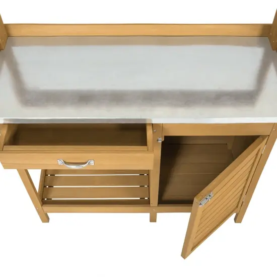 Natural Fir Wood Potting Bench with Metal Top, Storage, Shelves and Hooks {3}