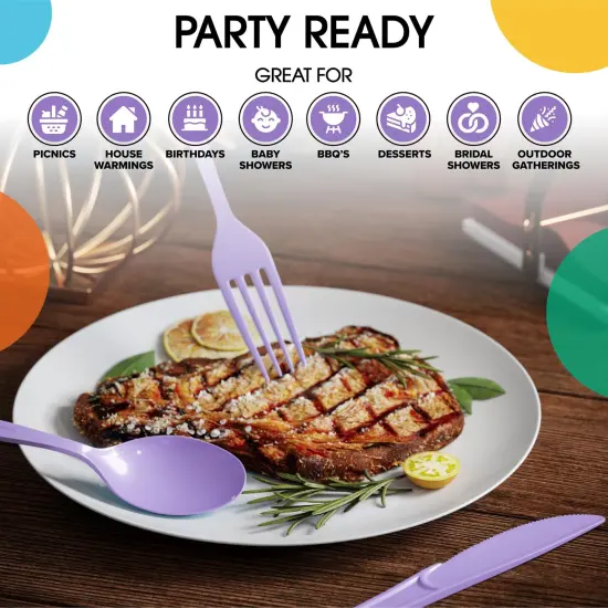 Exquisite Polished Plastic Silverware &ndash; 150 Pcs Heavy Duty Cutlery Set &ndash; 50 Each of Forks, Knives & Spoons &ndash; Disposable Utensil Set for Parties, Events & Catering &ndash; Flatware Set by Party Solids Lavender {6}