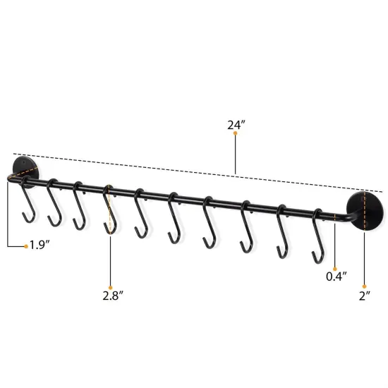 Set of 2 Black Metal Wall Mounted Pot Racks with 20 Hooks {3}