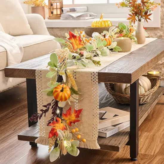 6ft Silk Lambs Ear Pumpkins Garland with Lights Fall Leaves Garlands {3}