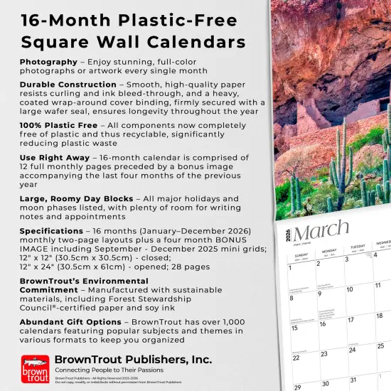 Arizona National Parks & Monuments | 2026 12 x 24 Inch (Hanging) Monthly Square Wall Calendar | Plastic-Free {6}