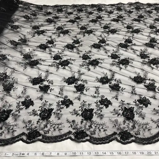 1 Yard Black Beaded Lace Fabric Embroidered Pearl Sequin Mesh Formal Dress 52" Width {3}