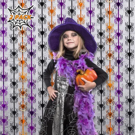 2 Pack Orange Purple and Black Spider Tinsel Foil Fringe Curtains()Orange Purple Black {2}