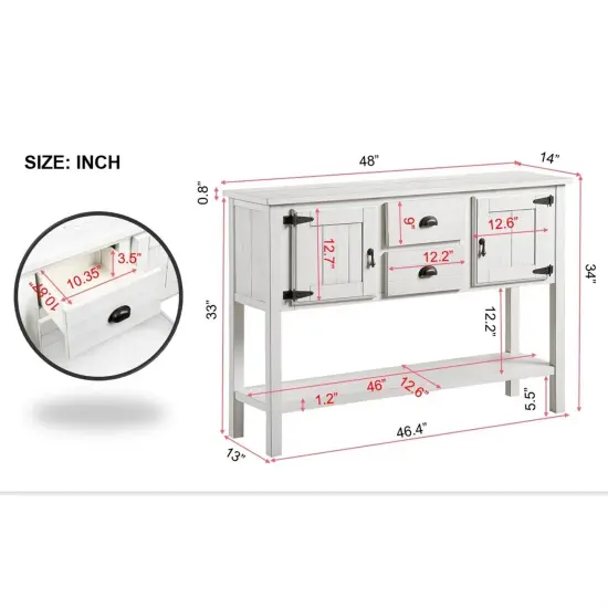 Rustic Wooden Sofa Table with Ample Storage Drawers and Cabinets for Entryway or Dining Room Rustic White {2}