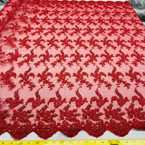 1 Yard Elegant Beaded and Corded Lace Fabric Embroidered on Polyester Net Mesh 54" Width Red {1}