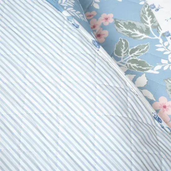 Lightweight Reversible Floral and Striped Quilt Set Polyester Bedding {4}