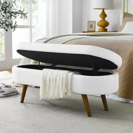 Linen Upholstered Modern Storage Bench with Wood Legs and Flip-Top White {8}